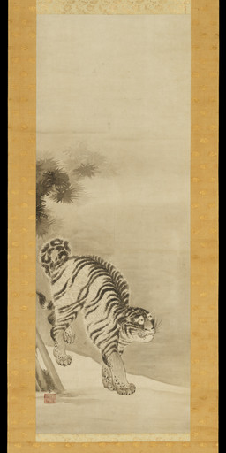 ambiguous_feral ambiguous_gender claws detailed_background dewclaw digitigrade evergreen_tree feral finger_claws fur looking_aside markings outside paws pine_tree plant quadruped solo spots spotted_markings spotted_tail standing striped_body striped_fur stripes tail tail_markings three-quarter_view toe_claws tree whiskers kano_sansetsu public_domain felid mammal pantherine tiger 17th_century absurd_res ancient_art hi_res painting_(artwork) traditional_media_(artwork) traditional_painting_(artwork)
