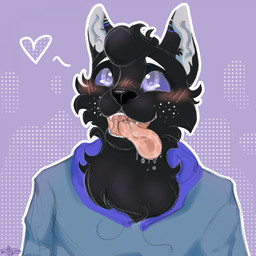 anthro black_body black_fur black_nose blue_clothing blue_eyes blue_hoodie blue_topwear blush blush_lines bodily_fluids clothing dotted_background drooling freckles fur heart_symbol hoodie male multicolored_ears pattern_background pink_tongue saliva simple_background solo starsurfer tongue topwear white_freckles milkybunnyuwu canid canine canis domestic_dog mammal 1:1 hi_res