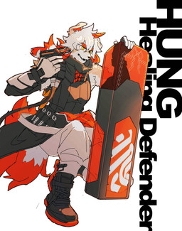 anthro black_clothing black_nose black_shirt black_tank_top black_topwear boots bottomwear clothing footwear gloves gun handwear holding_gun holding_object holding_ranged_weapon holding_shield holding_weapon horn male open_mouth pants ranged_weapon shield shirt shoes simple_background solo tank_top topwear trigger_discipline weapon white_background white_body yellow_eyes oaza arknights hypergryph studio_montagne hung_(arknights) canid canine canis domestic_dog mammal 2020 hi_res
