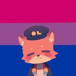 anthro bisexual_pride_colors blush blush_lines clothing cute_fangs eyes_closed fangs flag hat headgear headwear inner_ear_fluff jacket lgbt_pride male pride_color_background pride_colors simple_background simple_eyes solo teeth topwear tuft unknown_artist fundy canid canine fox mammal 1:1 half-length_portrait portrait