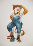 anthro big_breasts boots breasts brown_body clothed clothing farm farmer female footwear hand_on_head holding_object holding_shovel holding_tool hoof_hands looking_at_viewer mature_female overalls purple_eyes shirt shoes shovel simple_background slightly_chubby slightly_chubby_anthro slightly_chubby_female smile solo t-shirt tail thick_thighs tools topwear wide_hips ichinoseura emi_(ichinoseura) bovid bovine cattle mammal traditional_media_(artwork)