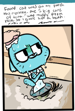 anthro bath blue_body blue_fur bottomwear clothing crossed_arms dot_eyes duo female frown fur mature_anthro mature_female navel shirt simple_eyes skirt text topwear whiskers manwithnobats cartoon_network the_amazing_world_of_gumball nicole_watterson domestic_cat felid feline felis human mammal 2018 digital_media_(artwork) english_text