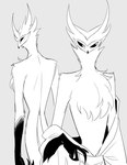 anthro bottomless clothed clothing grey_background looking_away looking_back male muscular muscular_anthro muscular_male robe simple_background solo standing topless helluva_venti helluva_boss paimon_(helluva_boss) avian bird owl owl_demon half-length_portrait hi_res monochrome portrait