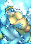 anthro blue_body blue_scales bulge eyes_closed green_eyes male multicolored_body multicolored_scales overweight overweight_anthro overweight_male scales scar smile solo two_tone_body two_tone_scales water yellow_body yellow_scales f_jina lifewonders tokyo_afterschool_summoners makara_(tas) crocodile crocodilian reptile scalie 2019 absurd_res hi_res signature