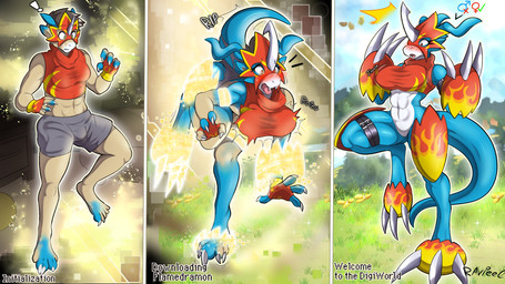 anthro big_breasts blue_body blue_skin blush bottomwear breast_expansion breasts butt claws clothed clothing expansion featureless_crotch female gender_transformation growth hair human_to_anthro male mtf_transformation open_mouth simple_background solo species_transformation text three_frame_sequence transformation transformation_sequence ravieel bandai_namco digimon digimon_(species) flamedramon human mammal scalie 16:9 digital_media_(artwork) english_text hi_res sequence widescreen