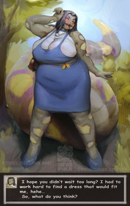 anthro belly big_belly big_breasts big_tail black_hair blue_clothing blue_dress breasts choker cleavage clothed clothing dialogue dress eyeshadow fangs female front_view hair huge_breasts huge_tail jewelry long_tail makeup necklace non-mammal_breasts overweight overweight_anthro overweight_female scales solo tail teeth text text_box thick_tail ventral_scales voluptuous_anthro voluptuous_female orewapika reptile scalie snake absurd_res english_text hi_res