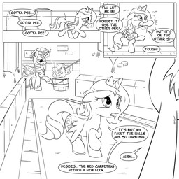 bucket cleaning_tool container crown cutie_mark dialogue feathered_wings feathers female feral glowing hair headgear horn levitation magic male mop text wings sketchyjackie friendship_is_magic hasbro my_little_pony mythology princess_luna_(mlp) royal_guard_(mlp) equid equine mammal mythological_creature mythological_equine unicorn winged_unicorn 1:1 2013 black_and_white comic english_text hi_res monochrome