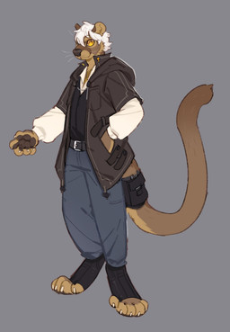 anthro barefoot belt black_belt black_clothing black_nose black_topwear blue_bottomwear blue_clothing blue_pants bottomwear brown_body brown_clothing brown_fur brown_tail brown_topwear cheek_tuft closed_smile clothed clothing facial_tuft feet fur grey_background hair male mouth_closed orange_eyes pants short_hair simple_background smile solo standing tail tan_body tan_fur three-quarter_view topwear tuft unsigned white_clothing white_hair white_topwear asnnonaka le_fossa_(asnnonaka) euplerid fossa mammal digital_media_(artwork) full-length_portrait hi_res portrait