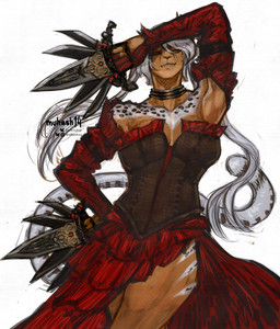 amber_eyes anthro arm_over_head armwear black_body black_fur black_spots breasts brown_body brown_fur clothed clothing dress elbow_gloves fangs female freckles frilly frilly_clothing frilly_dress front_view fur gloves grin hair hand_on_hip handwear holding_object holding_weapon jewelry looking_at_viewer multicolored_body multicolored_fur muscular muscular_anthro muscular_female necklace neckwear open_mouth pose pupils sharp_teeth simple_background slit_pupils smile solo spots standing strapless_clothing strapless_dress stripes tail teeth weapon white_background white_body white_fur white_hair white_stripes muhash14 final_fantasy final_fantasy_xiv square_enix felid hrothgar mammal 2026 absurd_res hi_res pinup portrait signature three-quarter_portrait