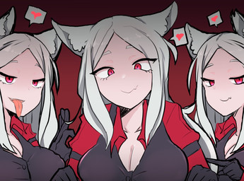 bedroom_eyes big_breasts black_clothing black_shirt black_topwear breasts cleavage clothed clothing collared_shirt cute_fangs dress_shirt eyelashes fangs female fully_clothed gloves gradient_background group hair handwear heart_symbol light_body light_skin long_hair looking_at_viewer monotone_hair narrowed_eyes open_mouth open_smile red_background red_clothing red_eyes red_shirt red_topwear seductive shirt simple_background smile speech_bubble teeth tongue tongue_out topwear white_hair aahnn helltaker cerberus_(helltaker) animal_humanoid canid canid_humanoid canine canine_humanoid humanoid mammal mammal_humanoid wolf_humanoid pictographics