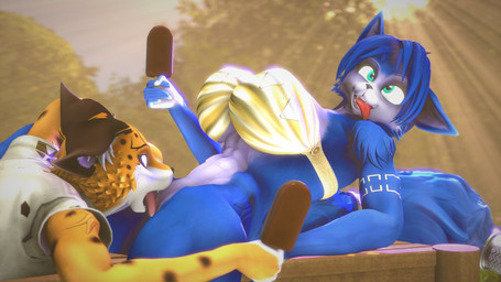 accessory anthro big_breasts blue_body blue_fur bottomless bottomless_anthro bottomless_female breasts clothed clothing cunnilingus duo female female/female food fur furgonomics genitals huge_breasts jewelry looking_pleasured markings multicolored_body multicolored_fur nipples oral pink_nipples popsicle ring sex spots spotted_body spotted_fur spread_legs spreading tail tail_accessory tail_jewelry tail_ring teal_eyes tongue tongue_out two_tone_body two_tone_fur vaginal vulva white_body white_fur yellow_body yellow_fur veryfluffy warfaremachine_(modeler) nintendo star_fox krystal_(star_fox) miyu_(star_fox) canid canine felid feline fox lynx mammal 16:9 2023 3d_(artwork) digital_media_(artwork) hi_res widescreen