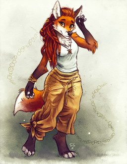 5_fingers anthro barefoot biped black_nose breasts digitigrade dipstick_tail dreadlocks feet female fingers fur markings multicolored_tail orange_body orange_fur simple_background solo tail tail_markings noviraine canid canine fox mammal