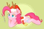 antlers blue_eyes candy candy_cane christmas_clothing christmas_headwear clothing cutie_mark dessert female feral food fur hair hat headgear headwear holidays horn long_hair lying on_front pink_body pink_fur pink_hair santa_hat simple_background smile solo aosion christmas friendship_is_magic hasbro my_little_pony pinkie_pie_(mlp) earth_pony equid equine horse mammal pony