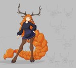antlers blush bone braided_hair braided_ponytail brown_body brown_fur carrot clothed clothed_female clothing dialogue electronics female food freckled_face freckles fur hair hand_on_hip hooves horn light_body light_skin long_hair open_mouth orange_hair phone plant ponytail simple_background single_braid skull solo sweater television text topwear vegetable boobazaur freya_agalith animal_humanoid deer deer_humanoid faun humanoid mammal mammal_humanoid satyr absurd_res english_text hi_res sketch