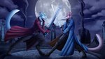 anthro clothing costume crossed_swords dmc dmc3 duo fight male melee_weapon moon night smile sword swordfight tower weapon sunny_way capcom devil_may_cry devil_may_cry_3 dante vergil demon domestic_cat felid feline felis mammal 3d_(artwork) digital_media_(artwork) hi_res