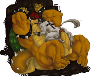 3_toes 4_toes anthro anthro_on_anthro areola armband balls barazoku belly biceps big_balls big_butt big_penis black_hair blue_eyes blush bracelet butt claws collar cross duo erection eye_contact facial_markings fangs feet fur genitals grin hair head_markings hindpaw horn humanoid_genitalia humanoid_penis interspecies jewelry larger_sub looking_at_another love male male/male markings muscular nipples nude open_mouth overweight paws penis plantigrade raised_tail red_eyes red_hair religion shell simple_background size_difference slightly_chubby small_top_big_bottom smile soles spiked_armband spiked_bracelet spikes tail tattoo teeth text thick_penis toe_claws toes tongue tongue_out white_background raikenji christianity mario_bros nintendo bowser langdon_marston canid canine canis domestic_dog husky koopa mammal nordic_sled_dog reptile scalie spitz 2010 english_text