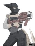 5_fingers anthro armor balaclava belt belt_buckle belt_pouch body_armor buckle bulletproof_vest clock clothed clothing covered_face crossgender female fin fingers gun holding_object holding_weapon mask pouches ranged_weapon scope shark_tail simple_background smoking_gun solo straps stripes submachine_gun tail trigger_discipline watch weapon mbf-p02 discardingsabot sabine_straiter sabot_sauer fish marine requiem_shark scalie shark tiger_shark digital_media_(artwork) hi_res portrait three-quarter_portrait