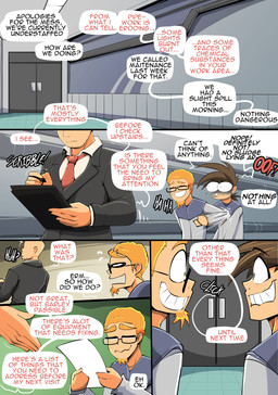 black_clothing black_suit brown_hair clothing dialogue eyewear glasses group hair inside male not_furry orange_hair speech_bubble suit text trio vale-city human mammal 2025 absurd_res comic english_text hi_res