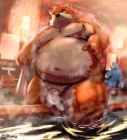 anthro balls barazoku bathing belly big_belly blue_body blue_fur brown_body brown_fur detailed_background duo fur genitals humanoid_hands inside kemono male moobs navel nipples overweight overweight_male penis sitting steam water kumajjjj canid canine canis domestic_dog mammal 2023 absurd_res hi_res
