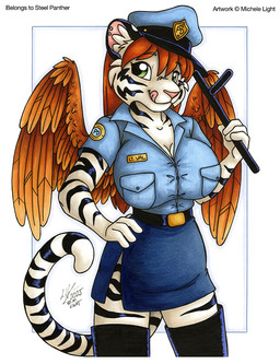 4_fingers anthro belt big_breasts billy_club black_text bottomwear breasts button_(fastener) cleavage clothed clothed_anthro clothed_female clothing copyright_symbol eyebrow_through_hair eyebrows eyelashes feathered_wings feathers female female_anthro fingers front_view fully_clothed fully_clothed_anthro fully_clothed_female fur green_eyes hair hat headgear headwear legwear licking licking_lips licking_own_lips looking_at_viewer markings orange_hair orange_wings pink_nose police police_uniform simple_background skirt solo straining_buttons striped_body striped_fur striped_markings striped_tail stripes symbol tail tail_markings text thigh_highs tongue tongue_out translucent translucent_hair uniform white_body white_fur wings michele_light felid mammal pantherine tiger 2025 portrait shaded signature three-quarter_portrait traditional_media_(artwork)
