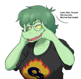 anthro big_breasts black_clothing black_shirt black_topwear breasts claws clothed clothed_anthro clothed_female clothing dialogue eyewear female finger_claws fingers freckled_arms freckled_chest freckled_face freckles front_view glasses green_body green_hair grey_eyes hair humanoid_hands medium_hair narrowed_eyes non-mammal_breasts open_mouth round_glasses shirt simple_background solo talking_to_viewer taunting text topwear wearing_glasses white_background yellow_sclera big_daddy_(artist) cavemanon_studios i_wani_hug_that_gator olivia_halford baryonyx dinosaur prehistoric_species reptile saurischian scalie spinosaurid theropod colored english_text half-length_portrait hi_res portrait shaded