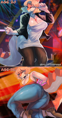 5_fingers abstract_background anthro big_breasts big_butt big_tail black_clothing black_jacket black_topwear blonde_hair bone_frill bottomwear breasts butt claws cleavage clothed clothing curvy_figure denim denim_bottomwear denim_clothing dress ear_piercing ear_ring eyelashes eyes_closed eyewear female finger_claws fingers footwear freckled_chest freckles frill_(anatomy) glasses hair high_heels huge_thighs jacket jeans jewelry long_tail multicolored_body multicolored_scales necklace orange_body orange_clothing orange_scales orange_shirt orange_tank_top orange_topwear pants piercing ring_piercing scales shirt shoes short_hair snout solo spiked_tail spikes spikes_(anatomy) tail tank_top text thick_thighs topwear two_tone_body two_tone_scales voluptuous voluptuous_anthro voluptuous_female white_body white_clothing white_dress white_scales wide_hipped_anthro wide_hipped_female wide_hips deadassspider cavemanon_studios goodbye_volcano_high ko_op_(game_developer) snoot_game naomi_(gvh) dinosaur hadrosaurid ornithischian ornithopod parasaurolophus prehistoric_species reptile scalie 2025 absurd_res artist_name digital_drawing_(artwork) digital_media_(artwork) hi_res watermark