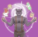 anthro barista belly belt beverage biceps big_hands bottomwear bulge clothing coffee container cup ear_piercing ear_ring food fur grey_body grey_fur levitation male midair muffin musclegut muscular muscular_anthro muscular_male navel pants pecs piercing psychic purple_eyes ring_piercing shirtless solo suspenders telekinesis tight_bottomwear tight_clothing tight_pants inkiecloud psychic_connections elliot_(psychic_connections) felid feline mammal pantherine hi_res parent_(lore)