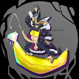 anthro balls banana big_penis bodily_fluids bow_tie clothed clothing coat_cape cum cum_on_object cumshot ejaculation feet food foreskin fruit fur_clothing genital_fluids genitals male partially_clothed penis plant prehensile_feet saggy_balls solo toes topwear vest refractionxiii donkey_kong_(series) donkey_kong_bananza nintendo void_kong haplorhine mammal monkey primate 1:1 hi_res