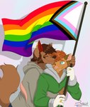 anthro blue_eyes bottomwear brown_body brown_fur brown_hair brown_markings chin_tuft clothed clothing denim denim_bottomwear denim_clothing duo ear_piercing ear_ring eyes_closed facial_hair facial_tuft flag flag_(object) fur hair holding_flag holding_object hoodie hug hugging_another hugging_from_behind interspecies interspecies_romance jeans lgbt_couple lgbt_pride male male/male markings married_couple mature_male one_eye_closed orange_body orange_fur pants piercing pride_color_flag pride_colors progress_pride_colors progressive_pride_flag rainbow_flag rainbow_pride_flag rainbow_symbol raised_tail ring ring_piercing romantic romantic_couple smile tail topwear tuft white_body white_fur white_markings zer0rebel4 discord_(app) lgbt_pride_month telegram thomas_ii_(zer0rebel4) timothy_(zer0rebel4) american_opossum canid canine canis mammal marsupial were werecanid werecanine wolf 2024 absurd_res hi_res