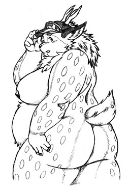 anthro belly big_butt blush butt clothing fur hat hat_only headgear headgear_only headwear headwear_only male markings moobs mostly_nude nipples nude overweight solo spots spotted_body spotted_fur butti_myroom tamacolle kazusa deer mammal absurd_res black_and_white hi_res monochrome