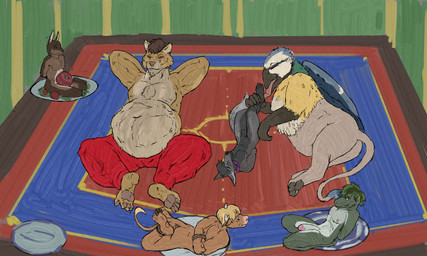 abdominal_bulge animal_genitalia anthro anthro_pred anthro_prey apple arms_tied belly big_belly black_body black_fur blonde_hair blue_body blue_feathers bonsai bottomwear bound brown_body brown_fur brown_hair cleat clothing detailed_background erection feathers feet feet_tied feral food forced fruit fur genitals green_body green_hair group hair hands_behind_head huge_belly inside kneeling larger_pred lying male male/male male_prey multiple_prey nipples nude nude_prey on_back oral_vore pants penis plant red_bottomwear red_clothing red_pants sheath size_difference smaller_pred tan_body tan_fur vore white_body white_feathers willing_prey yellow_body yellow_feathers jeri_kleinlowe mythology avian bovid bovine canid canine cattle felid gryphon lagomorph leporid lion mammal mythological_avian mythological_creature pantherine rabbit scalie hi_res
