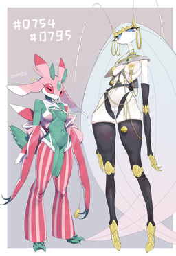 2_fingers 3_toes antennae_(anatomy) anthro areola areola_slip arm_blade armwear arthropod_abdomen bare_shoulders bell biped blue_eyes blue_pupils bodily_fluids bottomwear breasts chain clothed clothed_anthro clothed_female clothing collarbone compound_eyes duo ear_piercing ear_ring emotionless eyelashes feet female female_anthro fingers footwear forehead_gem front_view gem genitals gold_(metal) gold_areola gold_chain gold_nipples golden_high_heels green_body hair happy high_heels jacket jewelry knee_guards larger_anthro larger_female legwear long_hair looking_at_viewer medium_breasts membrane_(anatomy) membranous_wings mostly_nude multiple_poses navel nipple_outline nipple_piercing nipples number one_eye_closed onomatopoeia oversized_bottomwear oversized_clothing piercing pose pupils purple_eyes red_eyes ring_piercing saliva saliva_string segmented_body shoes size_difference skimpy skimpy_bottomwear skimpy_topwear skindentation smaller_anthro smaller_female sound_effects spiral spiral_eyes standing star_emanata text thick_thighs thigh_highs tight_bottomwear tight_clothing toes topwear vulva white_body white_hair wings wink winking_at_viewer yellow_areola yellow_nipples fuli_jeffery nintendo pokemon arthropod generation_7_pokemon insect lurantis mantis pheromosa pokemon_(species) ultra_beast 2026 absurd_res artist_name colored digital_drawing_(artwork) digital_media_(artwork) full-length_portrait hi_res pinup portrait shaded