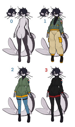 anthro barbel_(anatomy) black_hair bodysuit bomber_jacket bottomwear cargo_pants clothing ear_fins fin hair harness jumpsuit leg_harness male overalls pale_eyes pale_skin pants pockets ribbed_clothing ribbed_sweater short_hair skinsuit sneaking_suit solo spy sweater tail thick_tail tight_clothing topwear turtleneck whiskers catlad otto_(catlad) aquatic catfish fish hi_res model_sheet