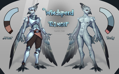 abs anthro armor beak black_body black_feathers bottomwear brown_eyes claws clothed clothing color_swatch feathers headgear helmet looking_at_viewer male metal metal_armor multicolored_body multicolored_feathers muscular muscular_male nipples nude pants simple_background solo tail white_body white_feather wings scarlet_side avian bird digital_media_(artwork) hi_res model_sheet
