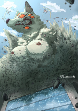 angry anime_style anthro big_breasts blue_sky bouncing_breasts breasts building building_destruction city city_background city_destruction cityscape clenched_teeth cloud cracks curvy_figure debris destroyed_building destruction detailed_background dust ears_up explosion exposed_breasts eyelashes fangs female female_anthro fur glass grey_body grey_fur growling huge_breasts long_eyelashes looking_away looking_up macro macro_anthro macro_female monster_girl_(genre) mouth_closed multi_eye nipples nude outdoor_nudity outside perspective purple_nipples red_eyes sky solo teeth teeth_showing voluptuous voluptuous_female white_body white_fur tucolewds chainsaw_man fox_devil_(chainsaw_man) canid canine demon fox humanoid mammal monster 2022 absurd_res colored digital_drawing_(artwork) digital_media_(artwork) digital_painting_(artwork) hi_res painting_(artwork)