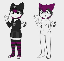 3_toes 4_fingers absolute_territory adolescent anthro bone bottomwear breasts clothing collar eye_bags feet female fingers genitals hoodie innie_vulva loli markings natural_breasts navel nipple_piercing nipples nude off/on piercing ring_(marking) ringed_tail scar self-harm self-harm_scars simple_background skirt skull skullcap small_breasts smile solo striped_markings striped_tail stripes tail tail_markings tired toeless_legwear toes topwear vulva white_background young young_anthro young_female e254e veronica_(e254e) domestic_cat felid feline felis mammal hi_res