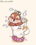 2015 accessory ambiguous_gender animate_inanimate bath beauty_and_the_beast black_nose blush bow_(feature) bow_accessory bow_ribbon brown_body brown_fur bubble bubble_bath centered_hair_bow chip_(disney) chip_potts chipmunk container cup digital_drawing_(artwork) digital_media_(artwork) disney duo eyes_closed fur ground_squirrel hair_accessory hair_bow hair_ribbon holding_breath kurokuma824 mammal ribbons rodent same_name sciurid simple_background smile tea_cup white_background