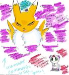 ambiguous_gender angry annoyed anthro black_sclera dialogue duo facial_markings female forehead_markings fur head_markings markings profanity symbol text white_body white_fur yellow_body yellow_fur zero_unit renatwo bandai_namco digimon calumon canid canine digimon_(species) mammal renamon artist_name english_text