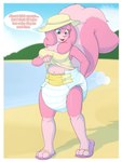 ageplay anthro beach big_tail blue_diaper blue_eyes blue_sky clothed clothing cloud diaper diaper_puff female fur glistening glistening_eyes hair hat headgear headwear infantilism open_mouth outside pink_body pink_ears pink_fur pink_hair pink_tail red_tongue roleplay sky solo standing striped_diaper tail tongue topwear water wearing_diaper white_diaper yellow_clothing yellow_hat yellow_headwear yellow_topwear bunnykisses hybrid lagomorph leporid mammal rabbit hi_res