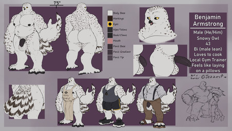 anthro apron balls beak black_bottomwear black_clothing black_nipples black_penis black_shorts bottomwear brown_bottomwear brown_clothing brown_pants bulge clothed clothing feathers flaccid front_view genitals grey_clothing grey_topwear half-erect humanoid_genitalia humanoid_penis male muscular muscular_anthro muscular_male nipples nude open_mouth overweight overweight_anthro overweight_male pants penis rear_view shorts simple_background solo standing text topwear white_body white_feathers yellow_eyes jezzlen benjamin_(jezzlen) avian bird owl english_text hi_res model_sheet signature
