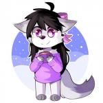 anthro beverage black_hair bow_(feature) clothed clothing female fur hair purple_eyes simple_background smile solo standing sweater topwear white_body white_fur lupeylycan aggie arctic_fox canid canine fox mammal true_fox 1:1 2017 digital_media_(artwork) hi_res