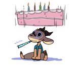 2024 2_horns antelope anthro barefoot biped birthday_cake birthday_candle bovid cake candle chico_(fuel) clothed clothing dessert english_text facial_markings falling feet food fuel_(artist) gazelle head_markings head_tuft horn imminent_mess male mammal markings motion_blur motion_lines mouth_hold onomatopoeia party_horn shadow simple_background sitting solo sound_effects text tuft white_background