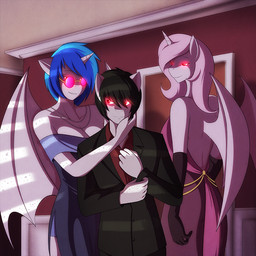 anthro anthrofied armwear black_hair blue_hair breasts cleavage clothed clothing dress elbow_gloves eyewear female glasses gloves glowing glowing_eyes group hair handwear horn male membrane_(anatomy) membranous_wings multicolored_hair pink_hair suit two_tone_hair wings marik_azemus34 friendship_is_magic hasbro my_little_pony mythology fleur_de_lis_(mlp) rumble_(mlp) vinyl_scratch_(mlp) demon equid equine mammal mythological_creature mythological_equine vampire winged_unicorn 1:1 2015