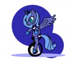 blue_body blue_feathers blue_hair crown cutie_mark feathered_wings feathers female feral hair headgear horn long_hair simple_background smile solo tail unicycle vehicle wings zicygomar friendship_is_magic hasbro my_little_pony mythology princess_luna_(mlp) equid equine mammal mythological_creature mythological_equine winged_unicorn