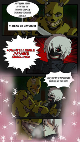 4_panel_comic 5_fingers about_to_kiss anthro black_clothing black_mask black_sclera black_shirt black_topwear blush blushing_profusely bodily_fluids breath close-up clothed clothed_humanoid clothed_male clothing compliment dialogue duo eye_contact eyebrow_through_hair eyebrows eyelashes eyelashes_through_hair fingers forest furrowed_eyebrows green_body grey_eyebrows grey_eyes grey_hair grey_sclera hair hair_over_eye half-closed_eyes hand_on_arm hand_on_chin interspecies knife larger_anthro larger_male logo long_ears looking_at_another machine male male/male male_anthro male_humanoid name_drop name_in_dialogue narrowed_eyes open_mouth open_smile outside pink_tongue plant profanity red_eyes saliva shirt short_hair size_difference smaller_humanoid smaller_male smile sparkles speech_bubble talking_to_another tan_body tan_skin teeth text tongue topwear translucent translucent_hair tree wire yelling yelling_at_another residentquentinmain dead_by_daylight five_nights_at_freddy's five_nights_at_freddy's_3 scottgames tokyo_ghoul ken_kaneki springtrap_(fnaf) animatronic half-ghoul_(tokyo_ghoul) human humanoid hybrid lagomorph leporid mammal rabbit robot 2025 9:16 colored comic crossover digital_drawing_(artwork) digital_media_(artwork) english_description english_text hi_res shaded