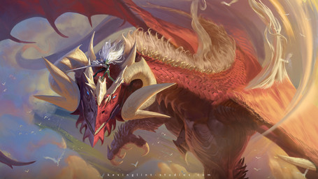 ambiguous_gender armor blue_eyes cloud duo extreme_size_difference female feral flying hair holding_melee_weapon holding_object holding_weapon horn island long_tail looking_at_viewer mask melee_weapon membrane_(anatomy) membranous_wings outside red_body red_scales scales size_difference tail weapon white_hair wings kevin_glint mythology ambient_bird dragon humanoid mythological_creature mythological_scalie scalie absurd_res digital_media_(artwork) hi_res