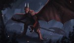 absurd_res anthro axe blood bodily_fluids dragon forest forest_background gaze glowing glowing_eyes halberd hi_res horn intimidation jarek kalfy large_wings looking_at_viewer male melee_weapon muscular muscular_male mythological_creature mythological_scalie mythology nature nature_background plant polearm scalie solo spikes spikes_(anatomy) spread_wings stare stripes tail tree weapon wings