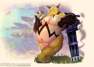 anthro belly big_belly cake_slice claws countershading crotch_tuft eating food fur grass grin holding_food holding_object holding_weapon male muscular muscular_anthro muscular_male nude nude_anthro nude_male obese obese_anthro obese_humanoid obese_male overweight overweight_anthro overweight_humanoid overweight_male palmorph plant sky smile solo tuft weapon yellow_body yellow_fur koko2unite palworld pocketpair grizzbolt humanoid pal_(species) 2025 digital_media_(artwork) hi_res