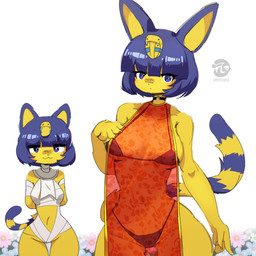 :3 anthro asian_clothing biped blue_eyes blue_hair bra breasts chinese_clothing clothing collar curvy_figure east_asian_clothing female female_anthro flower front_view fur hair hand_on_breast hands_behind_back looking_at_viewer mummy_wrappings navel panties plant simple_background smile solo tail thigh_gap translucent translucent_clothing underwear wide_hips yellow_body yellow_fur ventoza animal_crossing nintendo ankha_(animal_crossing) felid feline mammal 2025 colored digital_drawing_(artwork) digital_media_(artwork) hi_res watermark