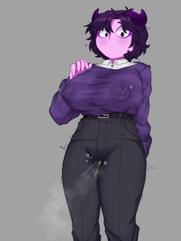 2_horns areola belt big_breasts black_belt black_bottomwear black_clothing black_eyebrows black_pants blush blush_lines bodily_fluids bottomwear breasts clothed clothing ejaculation erect_nipples eyebrows eyelashes female genital_fluids hair heart_symbol horn nipple_outline nipples pants pattern_clothing purple_body purple_clothing purple_eyelashes purple_eyes purple_hair purple_horn purple_skin short_hair solo striped_clothing stripes vaginal_fluids vaginal_fluids_through_clothing vaginal_squirting wet wet_clothing youtuber confusedsabron jellybean_(youtuber) demon horned_humanoid humanoid 3:4 hi_res